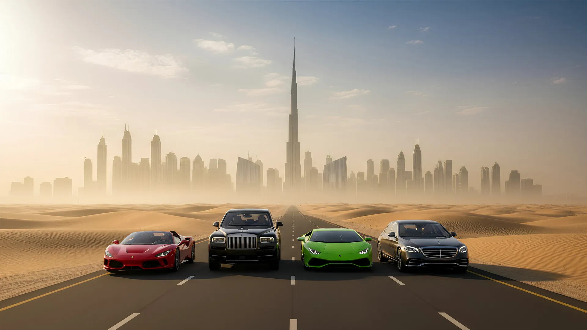 Four luxury and sports cars on a desert road with the Dubai skyline and Burj Khalifa behind them